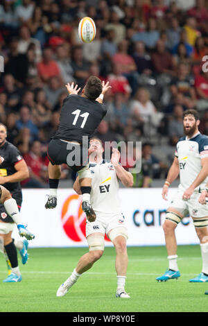 Vancouver, Canada. Il 7 settembre, 2019. Canada DTH van der Merwe (11), saltando per la cattura. Stati Uniti d'America vince 25-15. Coppa del Mondo di Rugby pre-game - Canada vs USA, presso lo Stadio BC Place, Vancouver, Canada. Gerry Rousseau/Alamy Live News Foto Stock