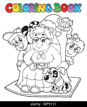 Libro da colorare con la nonna e i bambini Illustrazione Vettoriale