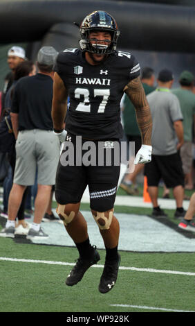 7 settembre 2019 - Hawaii Rainbow Warriors linebacker Solomon Matautia #27 durante il gioco tra le Hawaii Rainbow Warriors e Oregon State castori all'Aloha Stadium di Honolulu, HI - Michael Sullivan/CSM Foto Stock