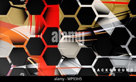 Esagonale nero modello astratto sulla colorata di stile Brush tecnologia dello sfondo. Favo di miele. Illustrazione Vettoriale Illustrazione Vettoriale