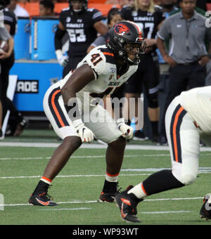 7 settembre 2019 - Oregon State castori linebacker Shemar Smith #41 durante il gioco tra le Hawaii Rainbow Warriors e Oregon State castori all'Aloha Stadium di Honolulu, HI - Michael Sullivan/CSM Foto Stock