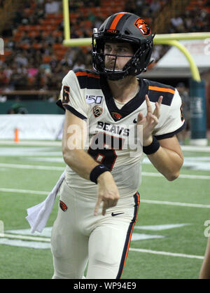 7 settembre 2019 - Oregon State castori quarterback Jake Luton #6 durante il gioco tra le Hawaii Rainbow Warriors e Oregon State castori all'Aloha Stadium di Honolulu, HI - Michael Sullivan/CSM Foto Stock