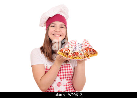 Happy girl cook con giroscopi fast food sulla piastra Foto Stock