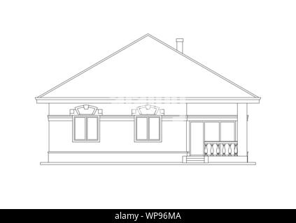 Facciata architettonica di una casa. Il disegno del cottage. Isolato su sfondo bianco. Vettore illustrazione nero EPS10 Illustrazione Vettoriale