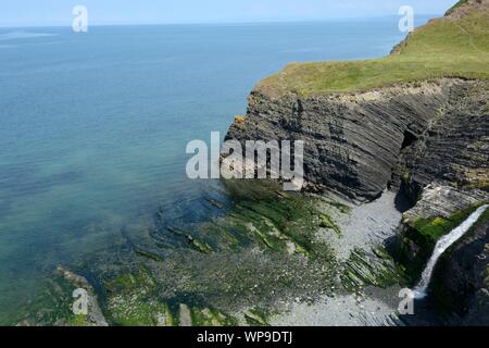 Cwm Buwch sulla costa Ceredigion percorso dove afon Drywi cascata si immerge in un inaccessibili spiaggia tra New Quay e Aberaeron Wales UK Foto Stock