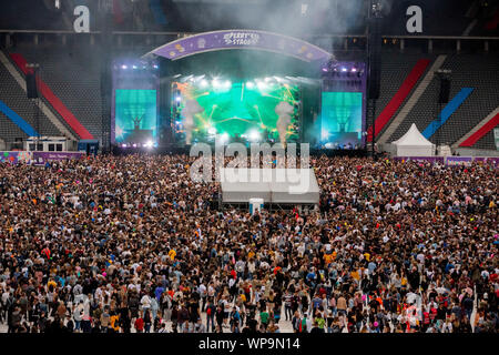 Berlino, Germania. 07Th Sep, 2019. La banda esegue Scooter al Lollapalooza Festival Berlino nell'Olympiastadion. Credito: Christoph Soeder/dpa/Alamy Live News Foto Stock