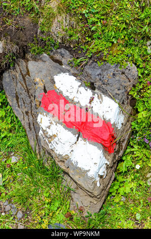 Bianco rosso sentiero escursionistico mark dipinta su una roccia in natura. I segnali turistici guida di orientamento sul percorso di trekking. Trailblazing, waymarking. Escursione Nordic walking. Attività all'aperto. Ricreazione attiva. Foto Stock