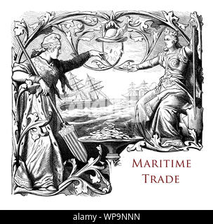 Tipografia: il commercio marittimo capitolo XIX secolo decorata da navi, soldi,figure mitologiche e Hermes cappello alato Foto Stock