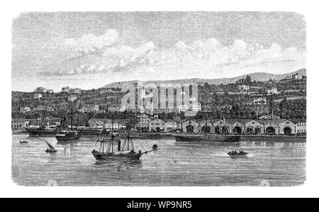 Vista del Lloyd arsenale cantiere di riparazione, dock e bacini a secco nella baia di Barcola Trieste, XIX secolo Foto Stock