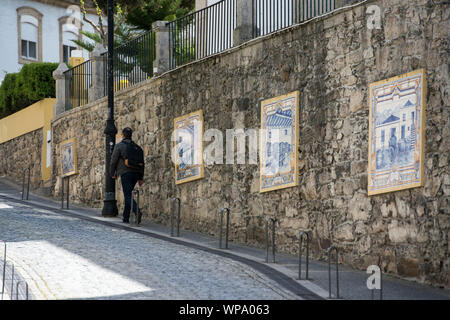 Dipinto a mano piastrella azulejo nel centro della cittadina di peso da Regua sul fiume Douro, ad est di Porto in Portogallo in Europa. Il Portogallo, Regua, un Foto Stock