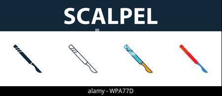 Icona di bisturi set. Quattro elementi in diversi stili dalla medicina raccolta di icone. Creative icone di bisturi riempito, del contorno colorato e simboli di Piana Illustrazione Vettoriale