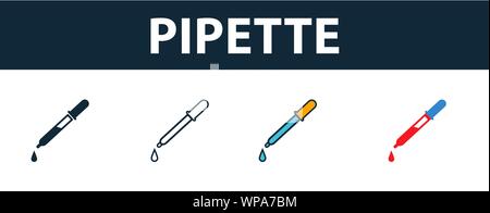 Pipetta icon set. Quattro elementi in diversi stili dalla medicina raccolta di icone. Creative icone di pipetta riempito, del contorno colorato e simboli di Piana Illustrazione Vettoriale