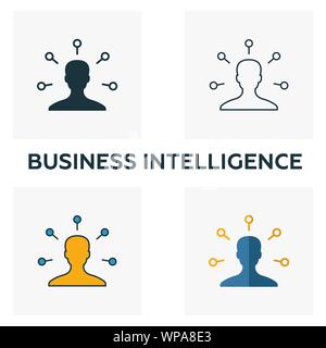 Business Intelligence icon set. Quattro elementi in diversi stili dal settore 4.0 raccolta di icone. Creative business intelligence riempito di icone Illustrazione Vettoriale