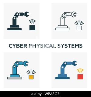 Cyber sistemi fisici icon set. Quattro elementi in diversi stili dal settore 4.0 raccolta di icone. Creative cyber sistemi fisici icone riempito Illustrazione Vettoriale