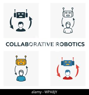 La Robotica collaborativa icon set. Quattro elementi in diversi stili dal settore 4.0 raccolta di icone. Collaborazione creativa robotics riempito di icone Illustrazione Vettoriale