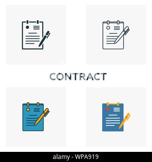 Contratto icon set. Quattro elementi in diversi stili da risorse umane raccolta di icone. Creative icone contratto riempito, contorno, colorata e piatto Illustrazione Vettoriale