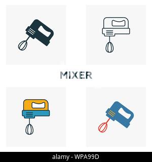 Mixer icon set. Quattro elementi in diversi stili dalla famiglia raccolta di icone. Creative icone miscelatore riempito, del contorno colorato e simboli di Piana Illustrazione Vettoriale