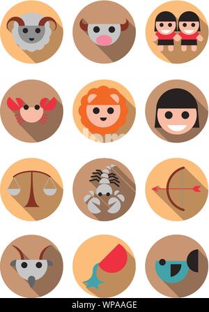 Carino appartamento cerchio di colore icona dello zodiaco simboli nel design piatto,illustrazione vettoriale Illustrazione Vettoriale
