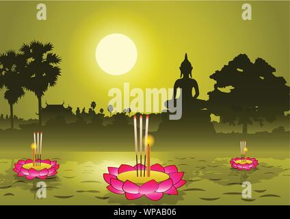 Loy Krathong festival in Thailandia,sfondo silhouette,illustrazione vettoriale Illustrazione Vettoriale