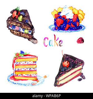 Torte fette varietà raccolta, cioccolato e con frutti di bosco, dipinte a mano illustrazione ad acquerello isolati su elemento bianco per la progettazione Foto Stock