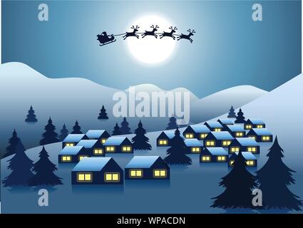 Babbo Natale e la renna sorvolare il paese in collina intorno con albero di Natale di notte per inviare dono a tutti,illustrazione vettoriale Illustrazione Vettoriale