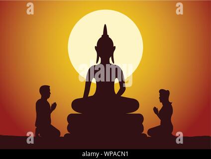 Buddista e donna uomo pagare rispetto alla scultura di Buddha educatamente con fede e credere,stile silhouette illustrazione vettoriale Illustrazione Vettoriale