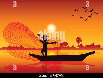 Vita di paese,l'uomo buttare il pesce net per la cattura di pesce in barca nel lago di stagno,stile silhouette,dell'orario del tramonto,illustrazione vettoriale Illustrazione Vettoriale