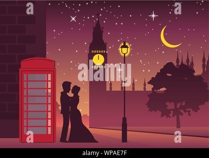 Giovane abbraccio vicino telefono casella al Big Ben di Landmark London,stile silhouette Illustrazione Vettoriale