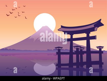 Grande porta flottante e il Monte Fuji landmark del Giappone al tramonto del tempo,stile silhouette Illustrazione Vettoriale