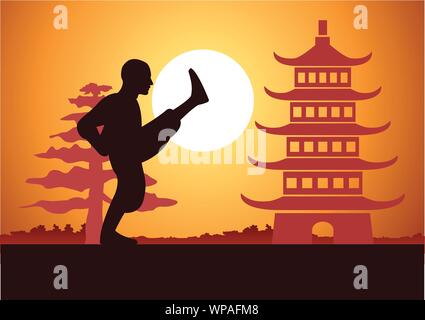 Boxe cinese Kung Fu arte marziale famoso sport,monaco treno per la lotta,intorno con il tempio Cinese,Tramonto design silhouette Illustrazione Vettoriale