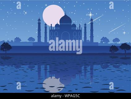 Taj Mahal landmark di Inadia durante la notte di luna piena stella torre.background.stile silhouette Illustrazione Vettoriale