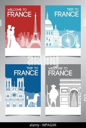 Francia famoso punto di riferimento e simbolo in stile silhouette con bandiera nazionale tema colore set brochure,illustrazione vettoriale Illustrazione Vettoriale