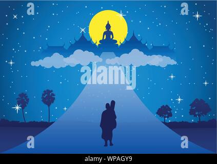 Monaco a piedi sulla strada in testa al cielo sulla luna piena notte. Significa libero di soffrire la pace silenziosa e dharma .stile silhouette,illustrazione vettoriale Illustrazione Vettoriale