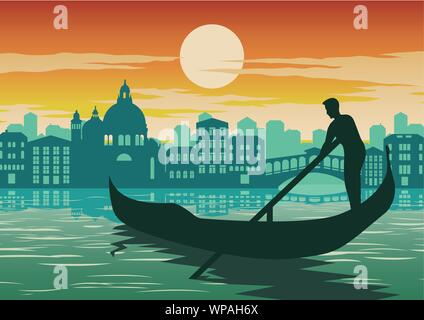 L'uomo riga barca a Venezia, famoso punto di riferimento in Italia, sul tramonto del tempo,vintage e classic colore, silhouette design,illustrazione vettoriale Illustrazione Vettoriale