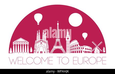 Europe Top attrazione famosa silhouette e la cupola con rosa colore stile,viaggi e turismo,illustrazione vettoriale Illustrazione Vettoriale