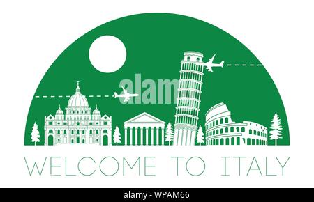 Italia Top attrazione famosa silhouette e la cupola verde con stile a colori,viaggi e turismo,illustrazione vettoriale Illustrazione Vettoriale