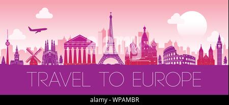 Top famoso segno distintivo dell'Europa,silhouette design colore rosa,illustrazione vettoriale Illustrazione Vettoriale