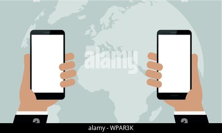 Due uomo d affari con lo smartphone e lo sfondo del mondo web concetto illustrazione vettoriale EPS10 Illustrazione Vettoriale