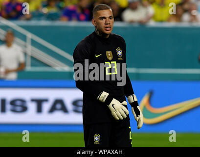 6 settembre 2019; Hard Rock Stadium, Miami, Florida, Stati Uniti d'America; amichevole internazionale, Brasile contro la Colombia; Portiere Ederson Moraes del Brasile - solo uso editoriale. Foto Stock