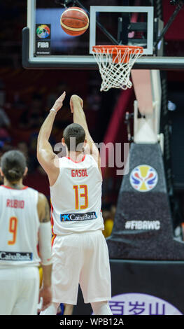 Marc Gasol, Ricky Rubio. Spagna vs Serbia. Pallacanestro FIBA World Cup Cina 2019, secondo round Foto Stock