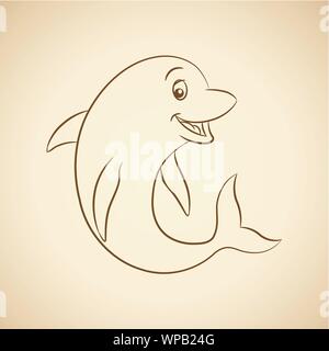 Illustrazione di vettore di linea marrone arte Dolphin Cartoon su uno sfondo beige Illustrazione Vettoriale