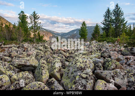 La vista delle montagne attraverso una roccia di fiume di grandi pietre. Alberi di conifere. Sulle pietre, verde e nero moss. Ci sono nuvole nel cielo. Foto Stock