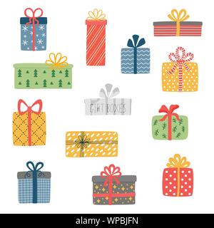 Set di vettore di diverse colorato avvolto confezioni regalo. Regalo di natale scatola. Illustrazione Vettoriale