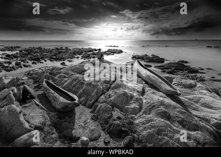Sunrise vista lago Malawi, onde regolare scorrimento sulla spiaggia, due di legno albero di una barca in primo piano, in Africa, in bianco e nero Foto Stock