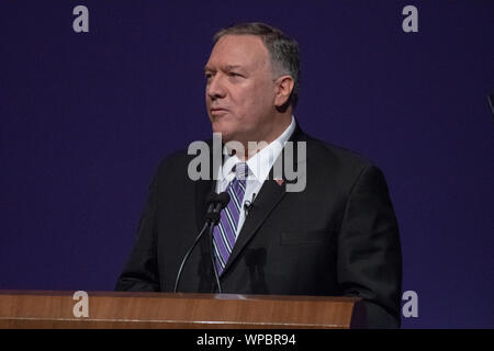 Manhattan Kansas, USA, 6 settembre 2019.negli Stati Uniti il Segretario di Stato Michael R. Pompeo offre il primo Alfred M. Landon Lecture dell anno scolastico a Kansas State University, Credito: Mark Reinstein/MediaPunch Foto Stock