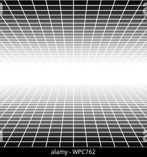 Mesh, griglia in prospettiva svaniscono, diminuiscono al lontano orizzonte. Virtual spazio 3D render. Skyline convergono sullo sfondo astratto. Profondità 3D'illustrazione. Ho Illustrazione Vettoriale