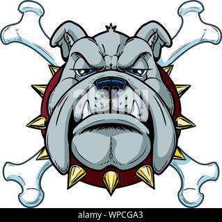 Vector cartoon clip art illustrazione di un duro significa cartoon bulldog mascot testa con crossbones con un collare spinato in strati separati. Illustrazione Vettoriale