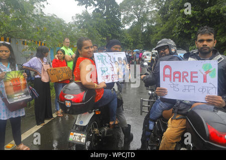 Mumbai, Maharashtra. 8 Sep, 2019. 08 Sett 2019 - Mumbai - India.nonostante un pesante acquazzone di piogge Mumbai residenti provengono a protestare contro la distruzione della foresta Aarey in Mumbai come pure la foresta amazzonica in Brasile.Il governo ha proposto di tagliare verso il basso 2700 alberi per fare la strada per raggiungere la metropolitana capannone auto nella Aarey area forestale di Mumbai.I residenti termine questo come un tentativo di land grab & un progetto di distruzione della foresta Aarey che è casa di 9 leopardi & Wildlife & 500 migliaia di alberi. Credito: Subhash Sharma/ZUMA filo/Alamy Live News Foto Stock