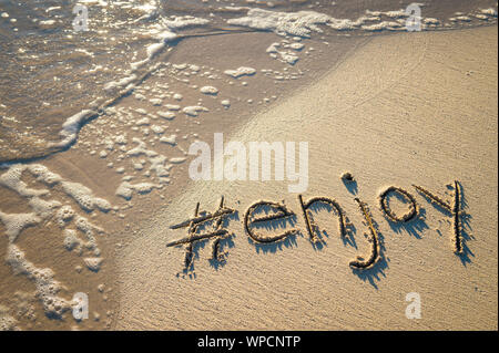 Moderno messaggio di viaggio per la spiaggia di "gustare" scritto con un social media-friendly hashtag in sabbia liscia con onda in arrivo Foto Stock