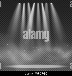 Faretti isolato su sfondo trasparente. Proiettore per mostrare. Effetto di luce. Il fumo con particelle incandescenti. Illustrazione Vettoriale. EPS 10 Illustrazione Vettoriale